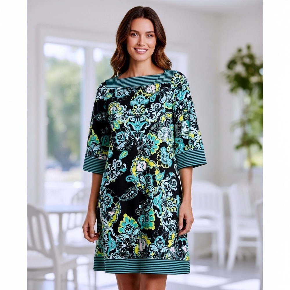 Cato Women Teal Green Paisley Damask Shift Dress Boat Neck Elbow Sleeve Size L